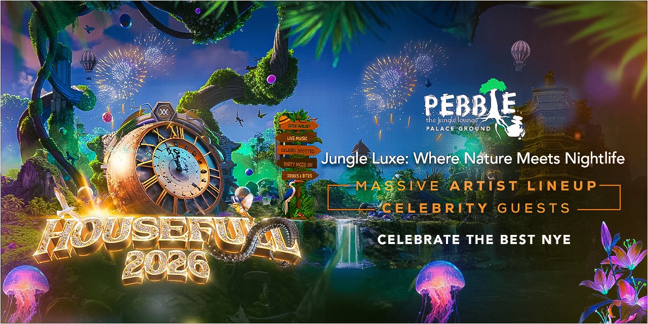 Housefull 2026 event promotional image featuring a vibrant jungle-themed design, clock symbolizing New Year's countdown, and text highlighting "Jungle Luxe: Where Nature Meets Nightlife," with mentions of a massive artist lineup and celebrity guests at Pebbles, Palace Grounds, Bangalore.