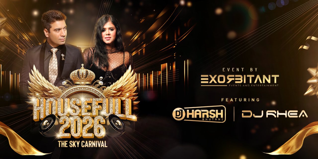Promotional graphic for Housefull2026 &ndash; The Sky Carnival featuring a man and woman, event details, DJ names, and a gold and black color scheme, highlighting New Year&rsquo;s Eve celebrations at Royal Orchid Yelahanka.
